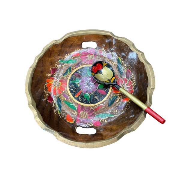 Vtg Russian Wooden Bowl Spoon Set Hand Painted USSR Khokhloma Tray Floral Fruit - Picture 2 of 8